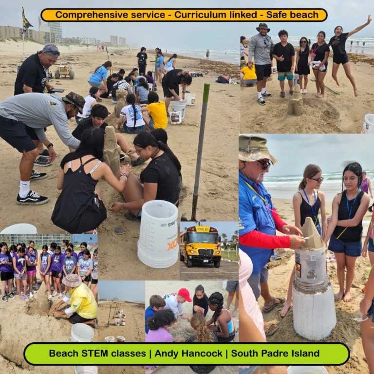 picture collage showing many students participating in Andy Hancocks Sandcastle building STEM session on south padre island beach